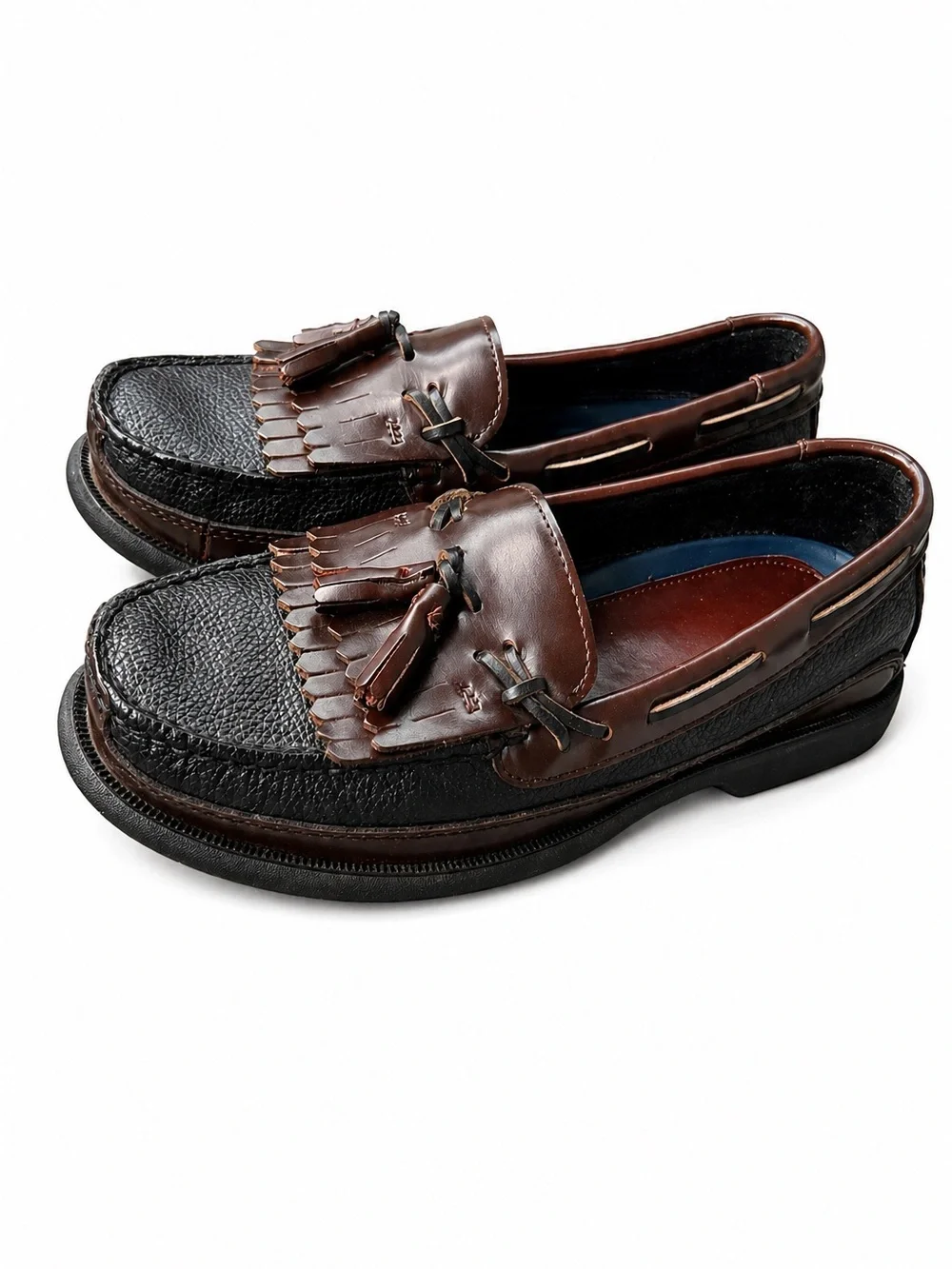 Chaps Mens 11M Tassel Loafers Brown Black Leather Kiltie Slip On Dress Casual - Picture 3 of 6